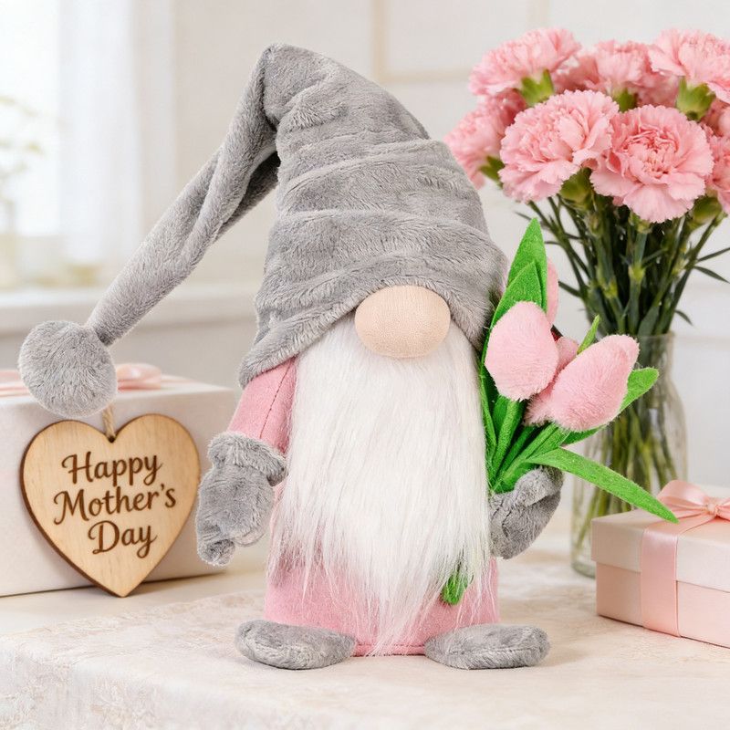 1pc Plush standing gnome doll β faceless old man figurine, festive tabletop ornament and gift.Gray faceless old man gnome holding a bouquet