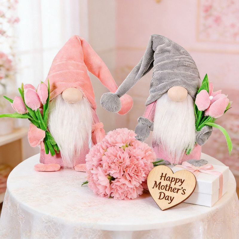 1pc Plush standing gnome doll β faceless old man figurine, festive tabletop ornament and gift.Gray faceless old man gnome holding a bouquet