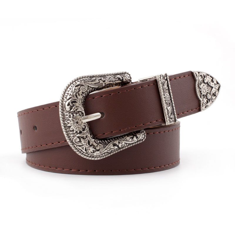 Vintage Engraved Western Buckle Belt, Retro Decorative Leather Waist Belt for Women Dresses Jeans-coffee