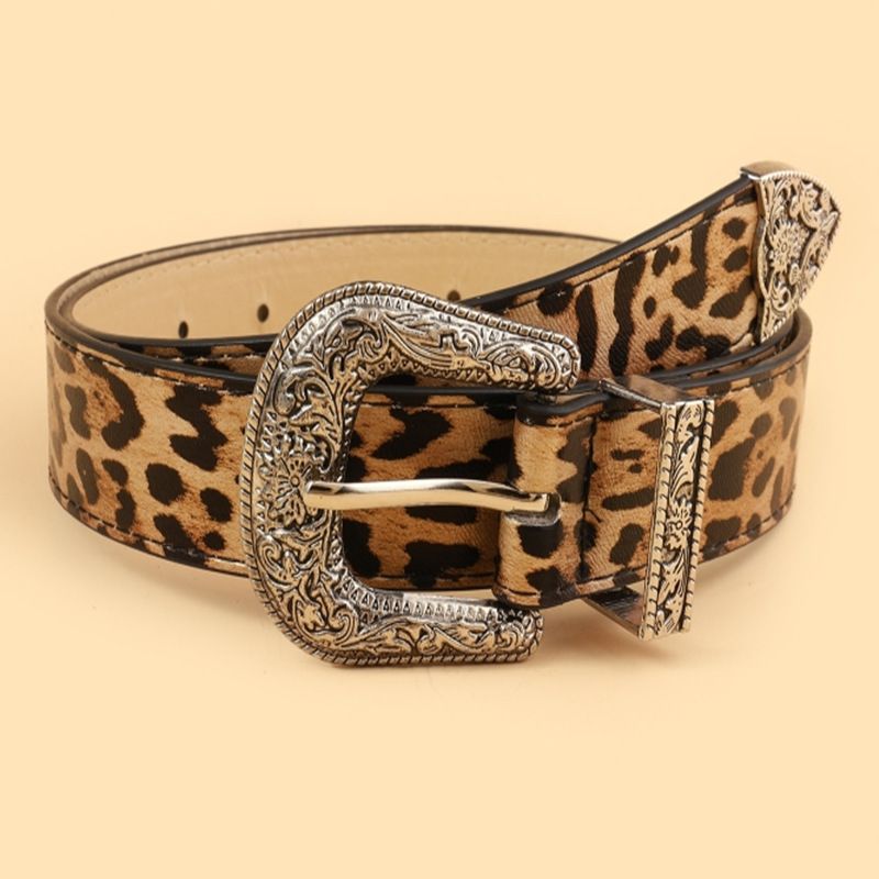 Leopard Print Western Engraved Buckle Belt, Retro Animal Print Waist Belt for Women Fashion Outfits-leopard brown
