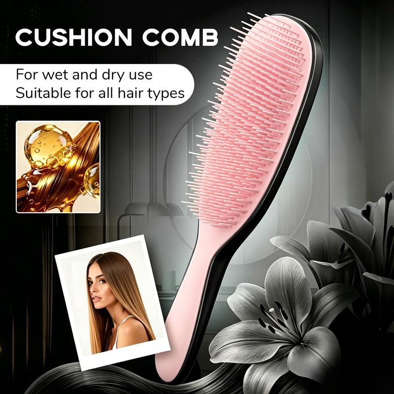 Detachable Silicone Cushion Massage Comb, Wet/Dry Use, Unisex, Suitable for All Hair Types, Volumizing and Smoothing Comb, 7 Colors Available - Black+Pink