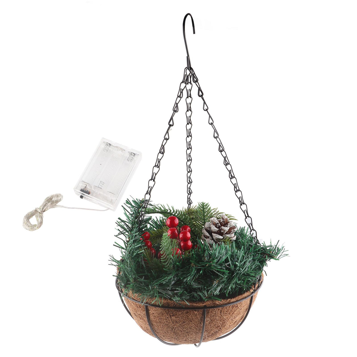 Artificial Christmas Hanging Basket Flocked with Mixed Decorations and White LED Lights Outdoor Decoration