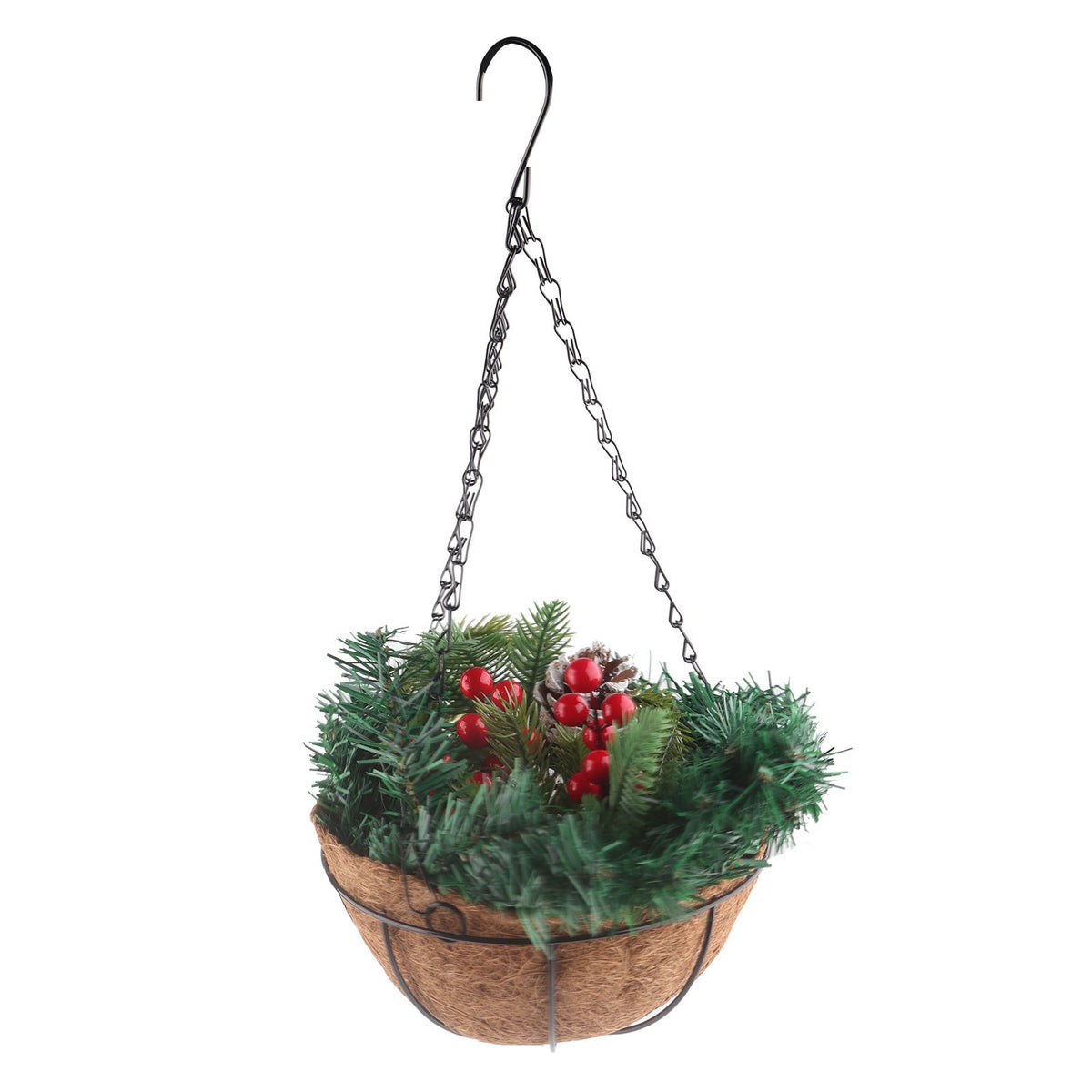 Artificial Christmas Hanging Basket Flocked with Mixed Decorations and White LED Lights Outdoor Decoration