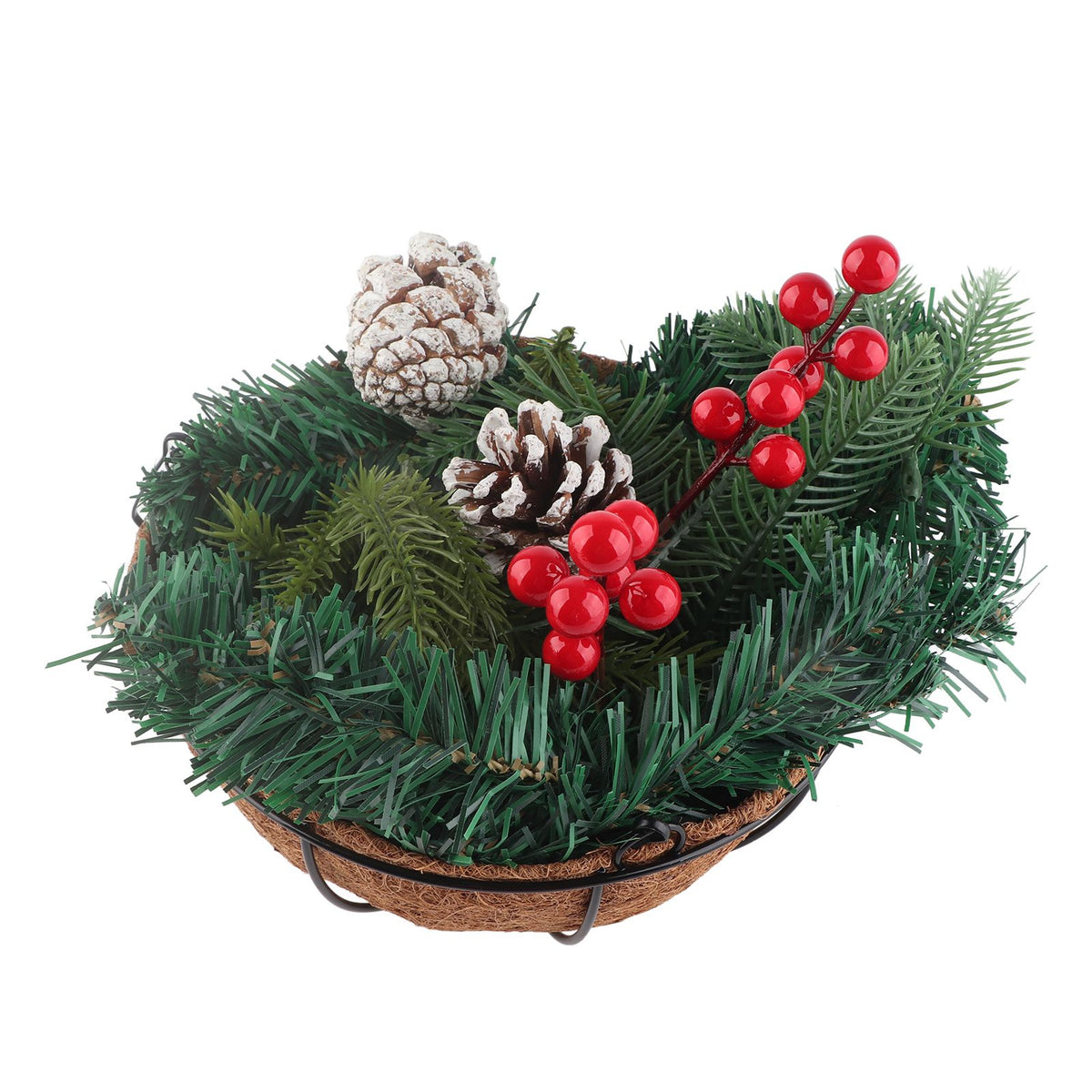 Artificial Christmas Hanging Basket Flocked with Mixed Decorations and White LED Lights Outdoor Decoration