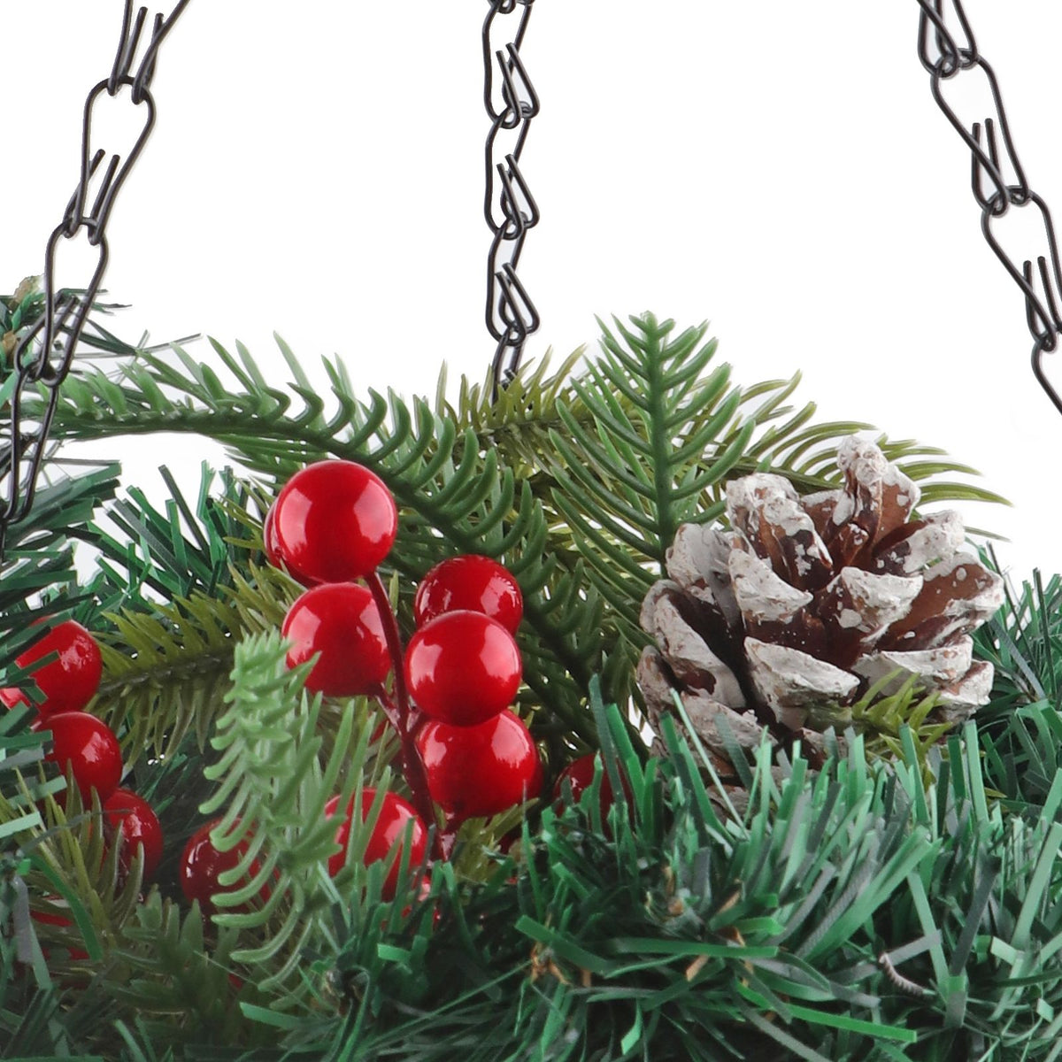 Artificial Christmas Hanging Basket Flocked with Mixed Decorations and White LED Lights Outdoor Decoration