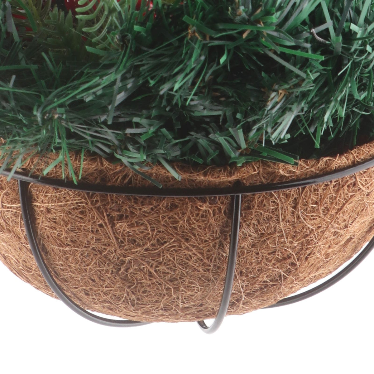 Artificial Christmas Hanging Basket Flocked with Mixed Decorations and White LED Lights Outdoor Decoration
