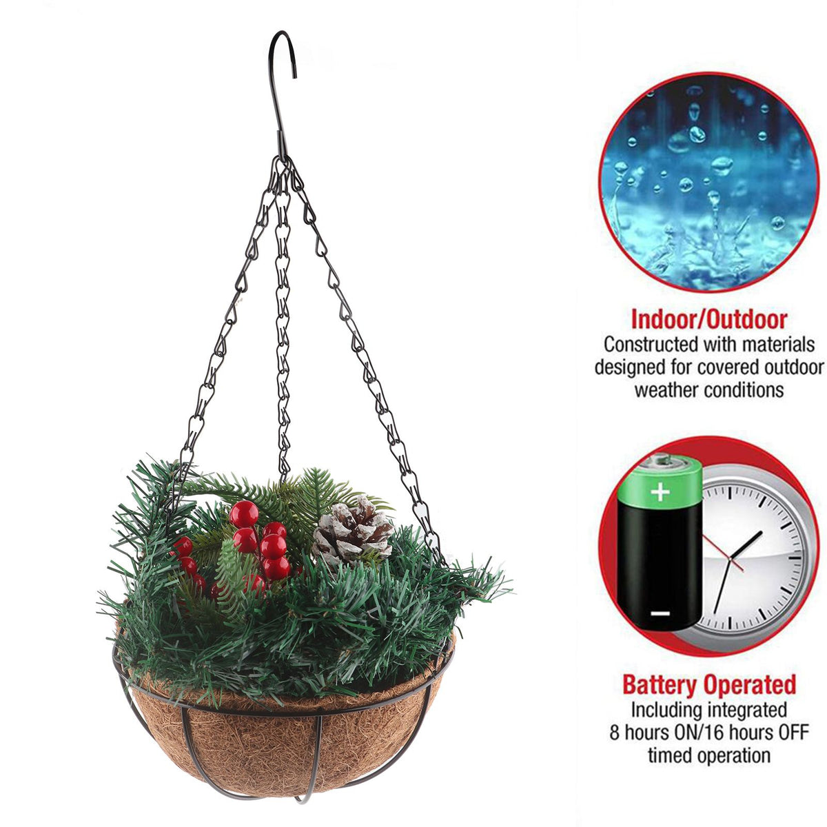 Artificial Christmas Hanging Basket Flocked with Mixed Decorations and White LED Lights Outdoor Decoration