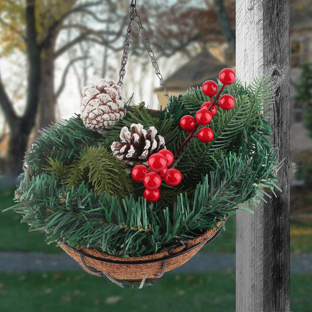 Artificial Christmas Hanging Basket Flocked with Mixed Decorations and White LED Lights Outdoor Decoration