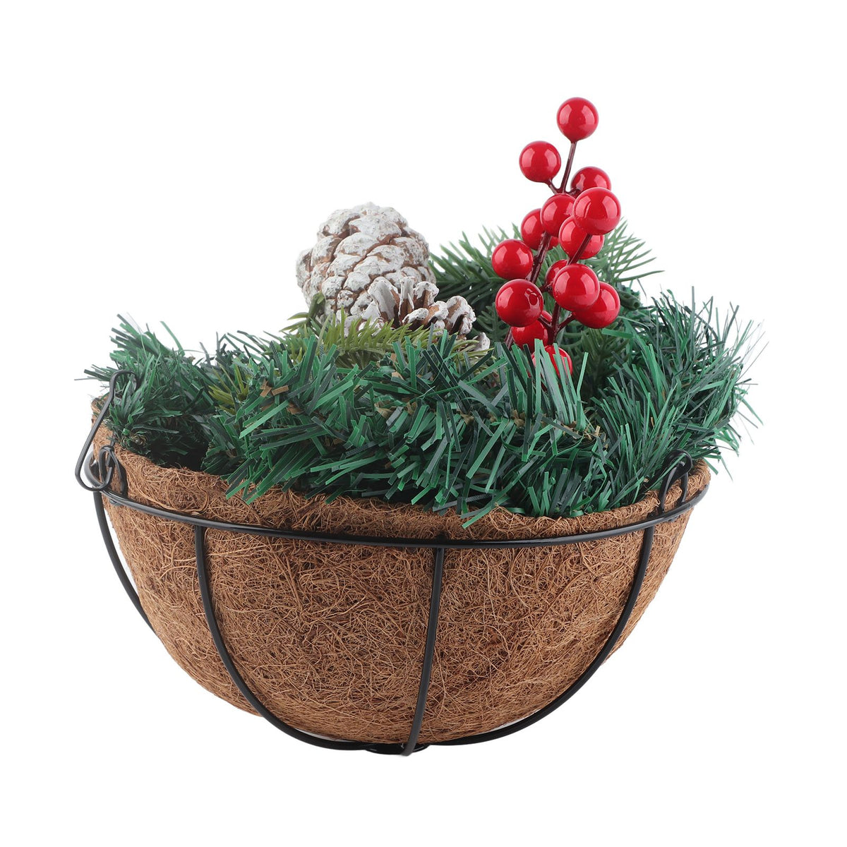 Artificial Christmas Hanging Basket Flocked with Mixed Decorations and White LED Lights Outdoor Decoration