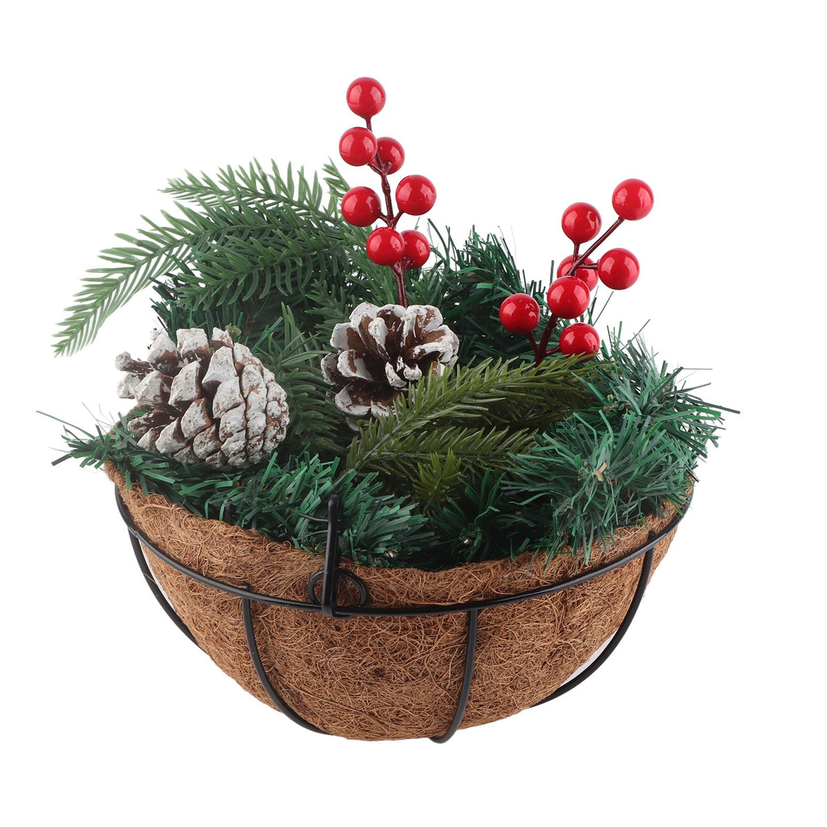 Artificial Christmas Hanging Basket Flocked with Mixed Decorations and White LED Lights Outdoor Decoration