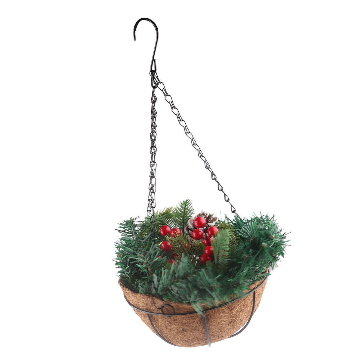 Artificial Christmas Hanging Basket Flocked with Mixed Decorations and White LED Lights Outdoor Decoration