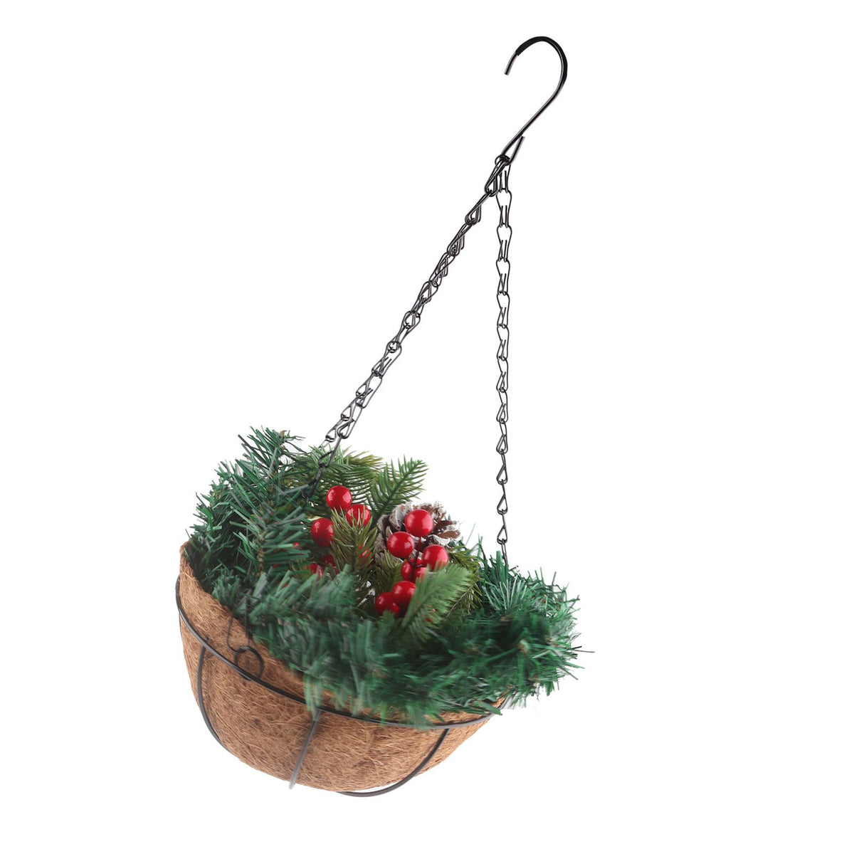Artificial Christmas Hanging Basket Flocked with Mixed Decorations and White LED Lights Outdoor Decoration