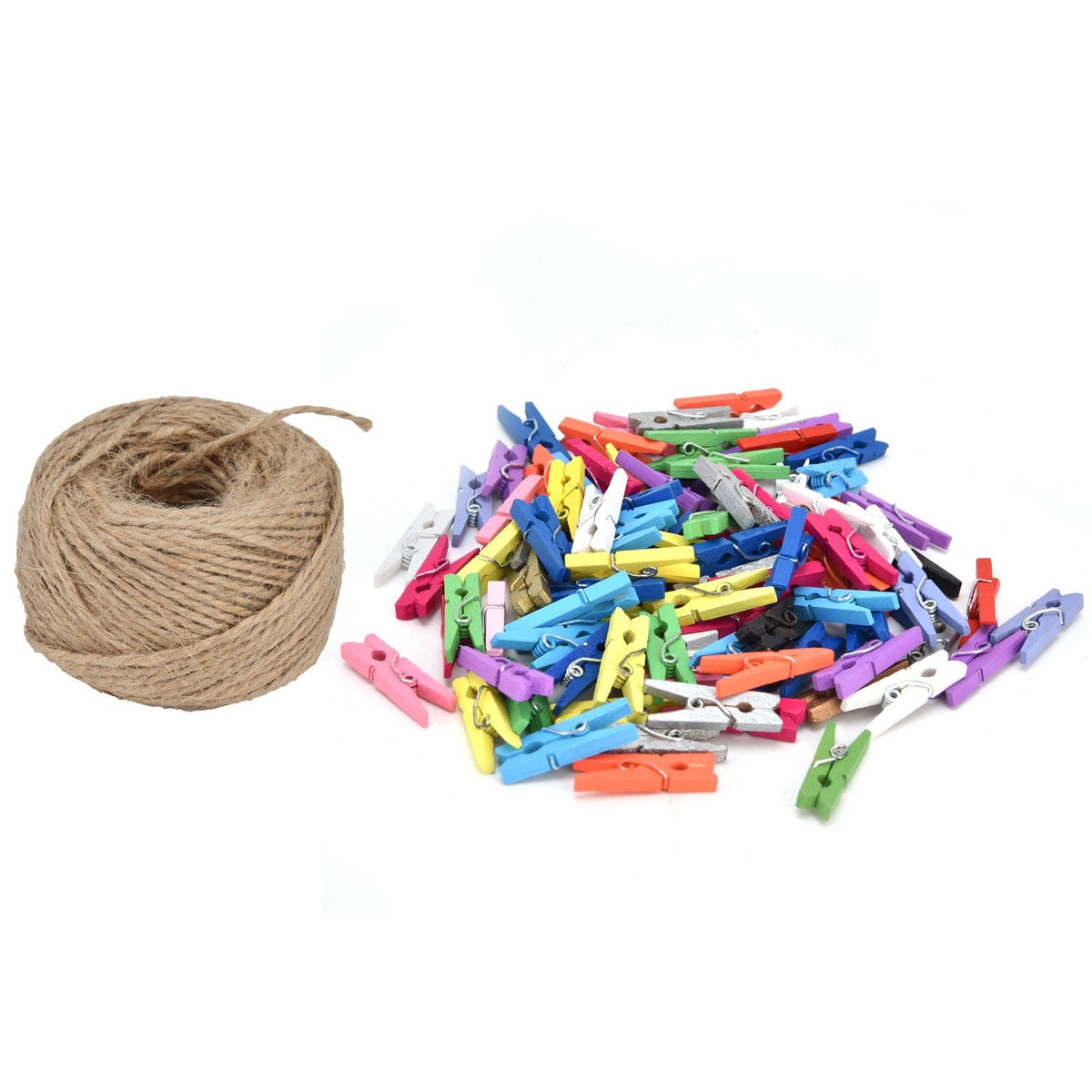 100PCS Wooden Clip Mini Color Wood Clip Birch Card Photo Clip with 10m Rope for Home Festival Decoration