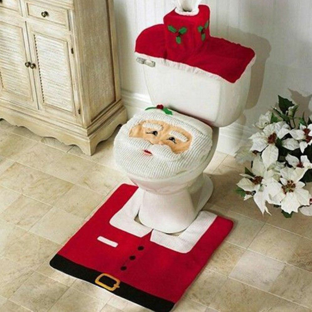 Christmas Pattern Mildew Proof Waterproof Bathroom Toilet Seat Cover Foot Pad and Water Tank Cover Set