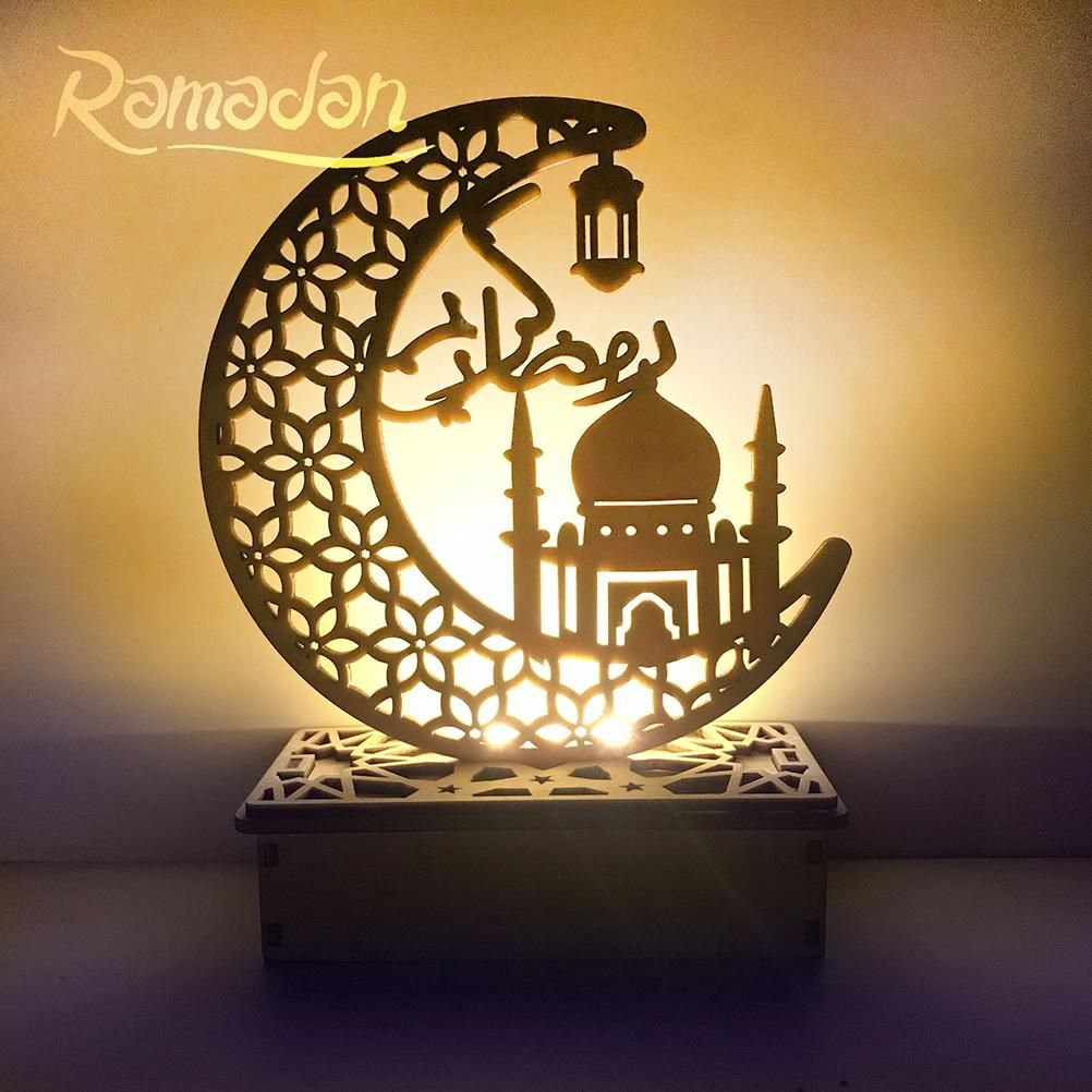 LED Eid Ramadan Hollow Decorations Openwork Carving Wooden Light Durable Table Light Crafts