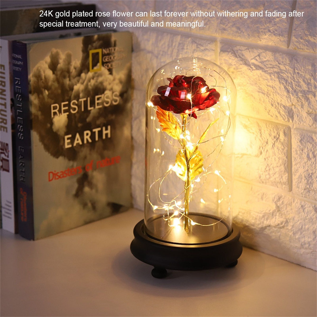 24K Gold Plated Rose Flower LED Light with Glass Cover Base Valentines'Day Wedding Gift Red