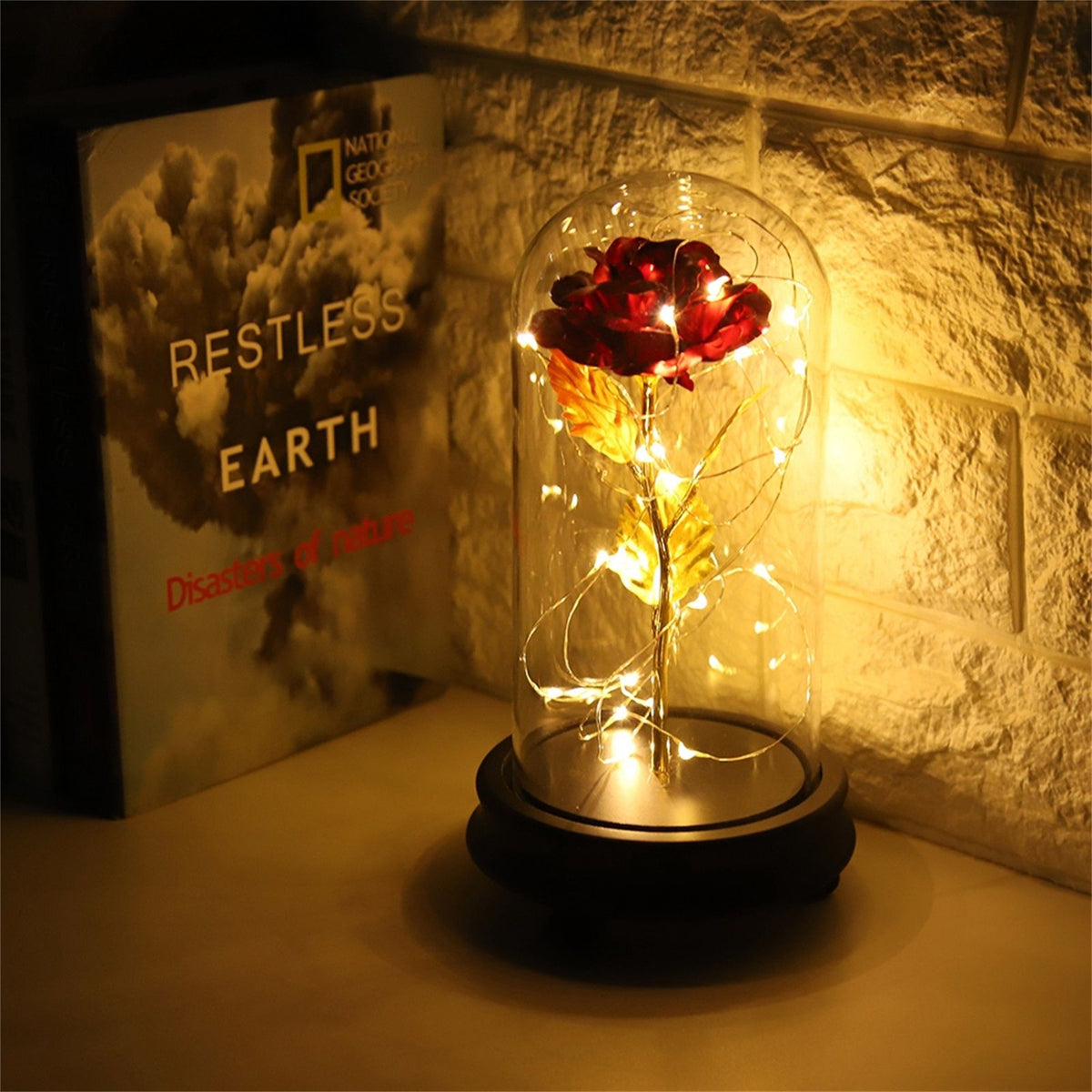 24K Gold Plated Rose Flower LED Light with Glass Cover Base Valentines'Day Wedding Gift Red