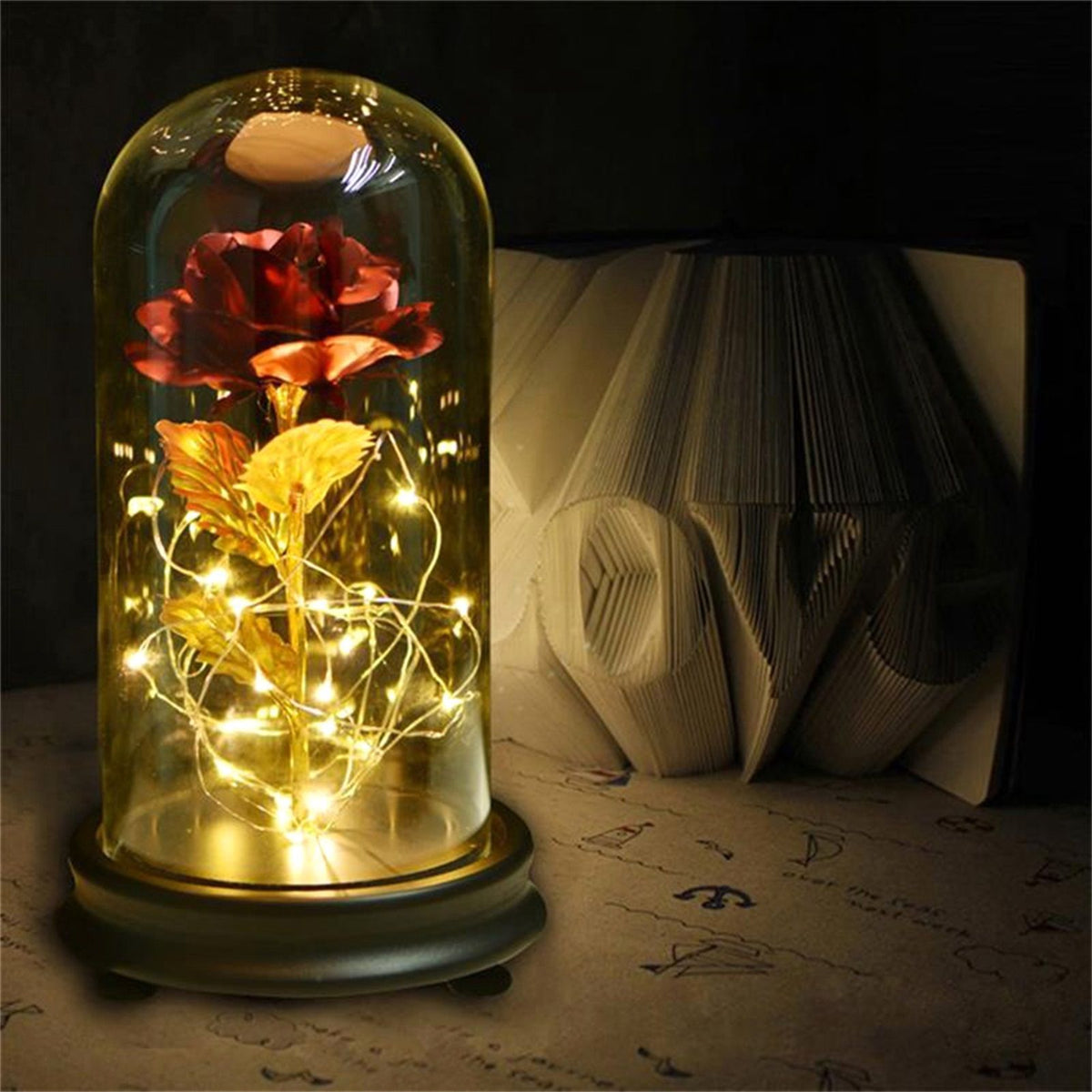 24K Gold Plated Rose Flower LED Light with Glass Cover Base Valentines'Day Wedding Gift Red