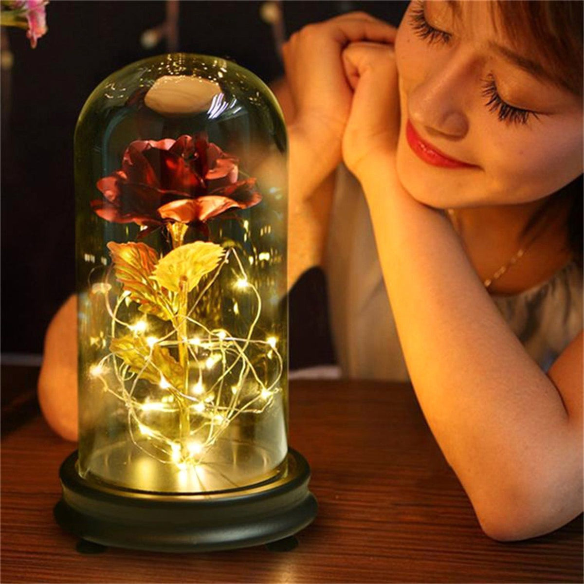 24K Gold Plated Rose Flower LED Light with Glass Cover Base Valentines'Day Wedding Gift Red