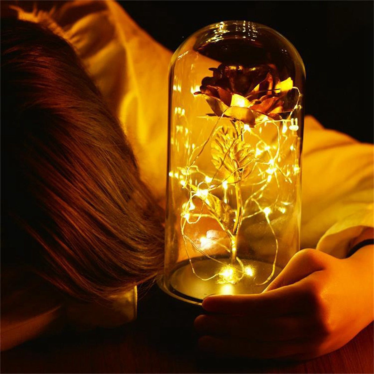 24K Gold Plated Rose Flower LED Light with Glass Cover Base Valentines'Day Wedding Gift Red