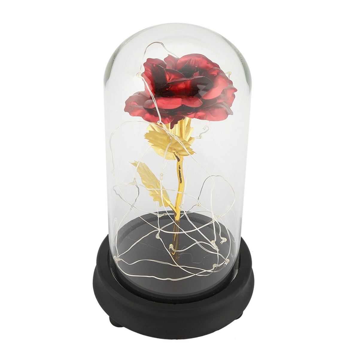 24K Gold Plated Rose Flower LED Light with Glass Cover Base Valentines'Day Wedding Gift Red
