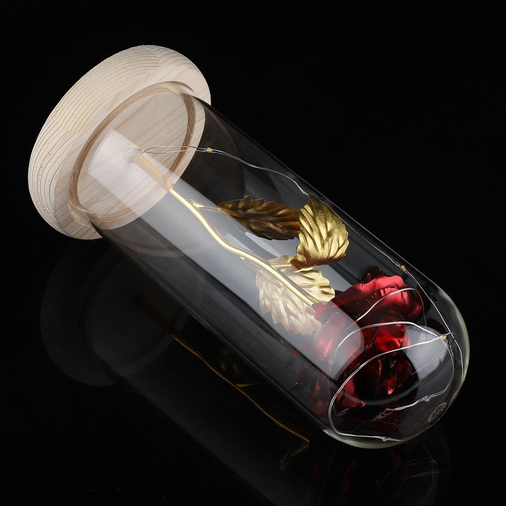 Preserved Rose Flower LED Light with Glass Cover Wooden Base Valentines'Day Wedding Red