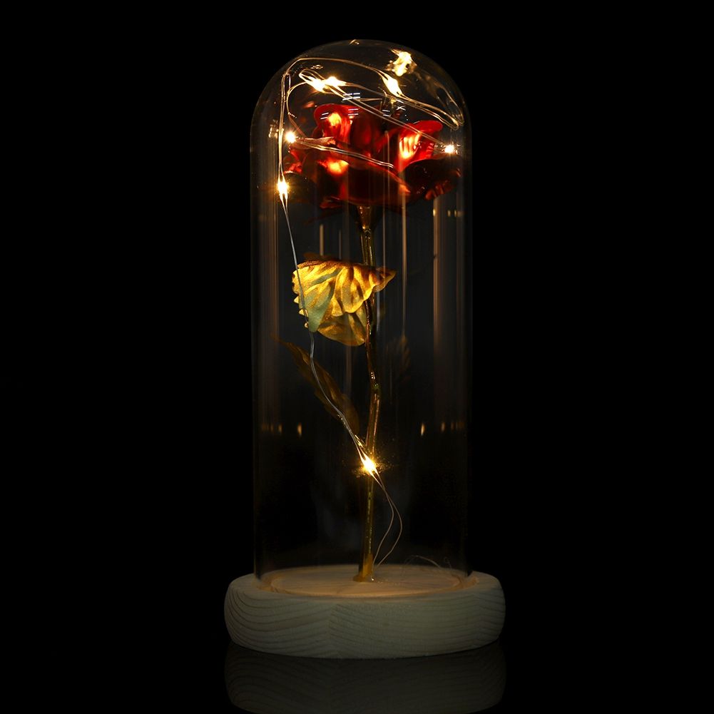 Preserved Rose Flower LED Light with Glass Cover Wooden Base Valentines'Day Wedding Red