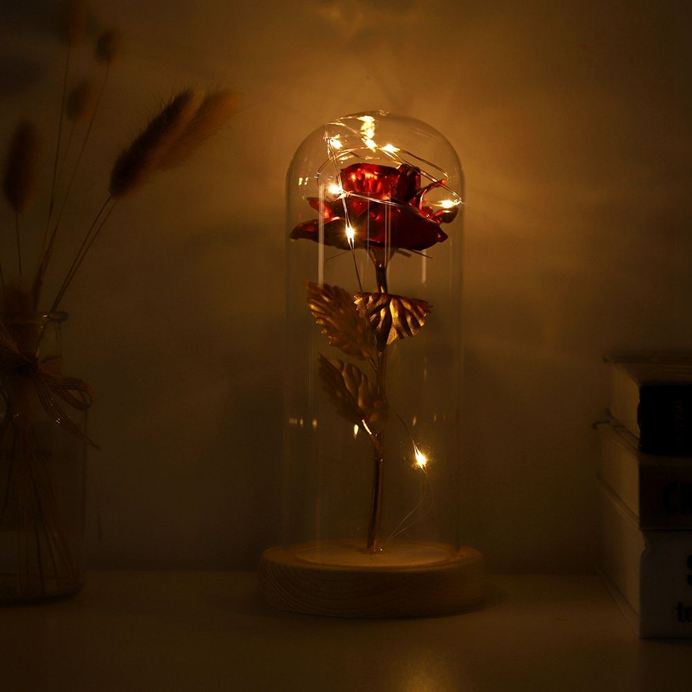 Preserved Rose Flower LED Light with Glass Cover Wooden Base Valentines'Day Wedding Red
