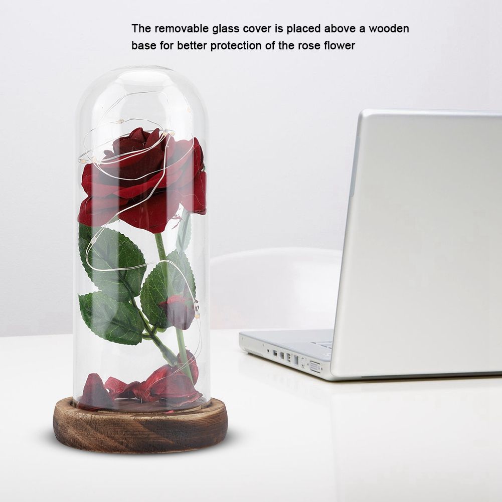 Preserved Rose Flower LED Light with Glass Cover Wooden Base Valentines'Day Wedding Gift
Red