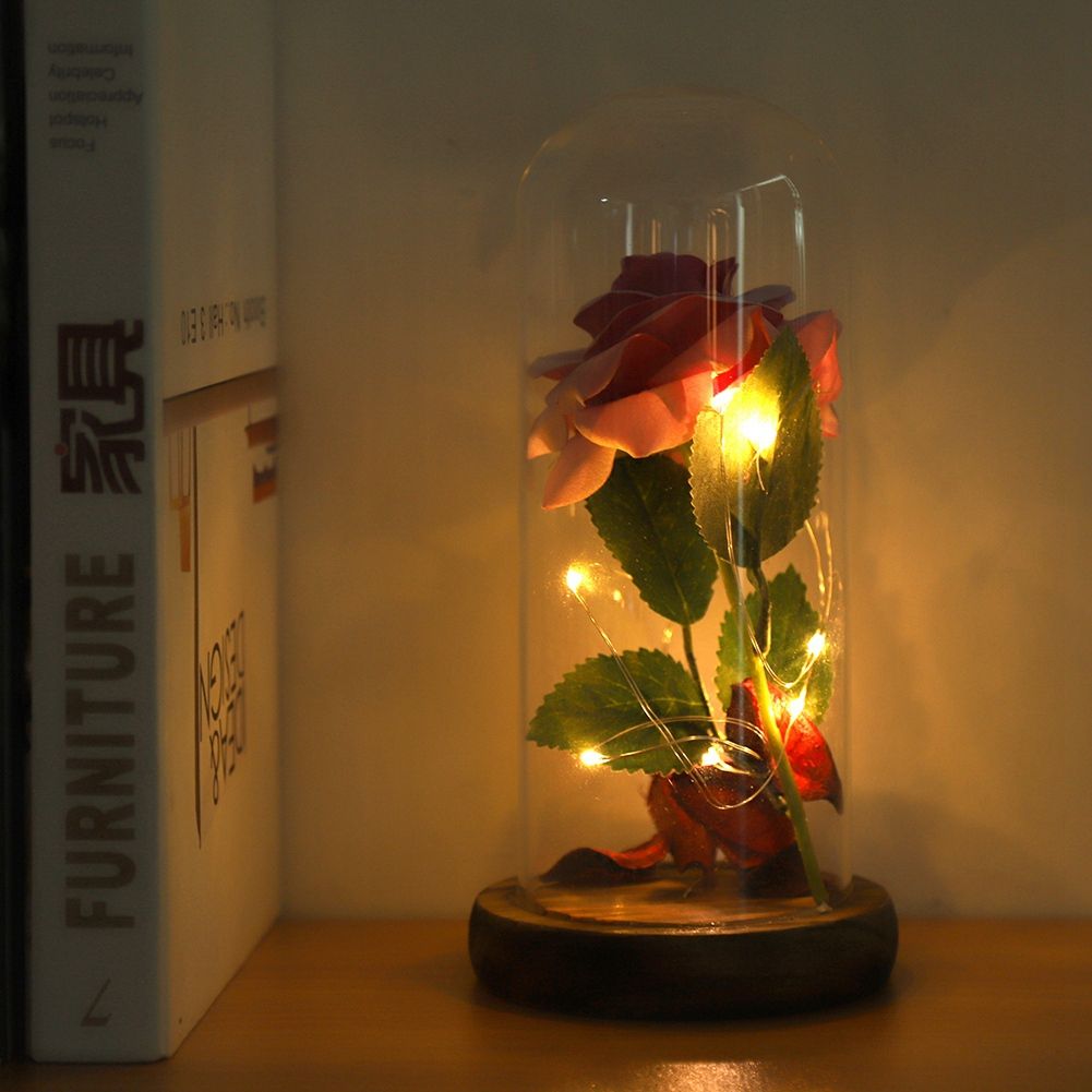 Preserved Rose Flower LED Light with Glass Cover Wooden Base Valentines'Day Wedding Gift Pink