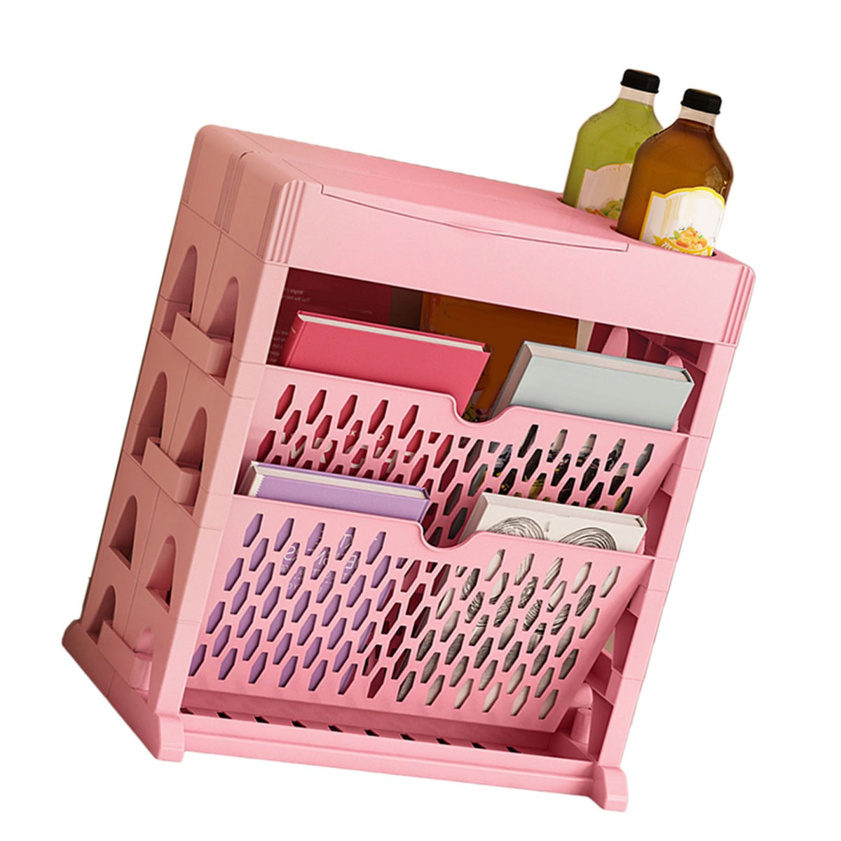 Book Rack Storage Bookshelf Small Storage Bookshelf Bookcase Large Capacity Easy Access for Living Room Bedroom Double Row 2 Layer Pink