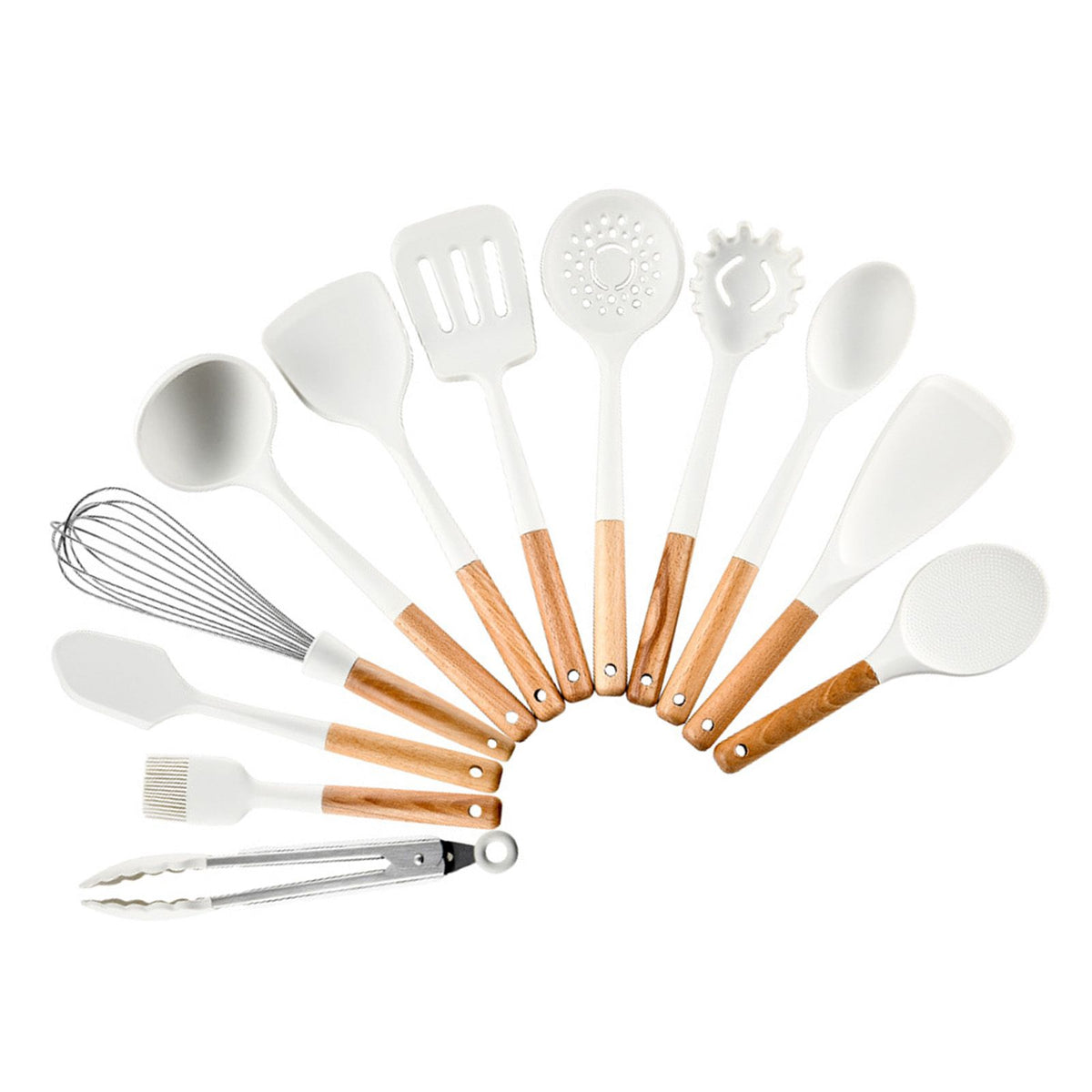 12pcs Cooking Utensils Set Silicone Kitchen Utensil Wood Handle Heat Resistance Kitchen Gadgets with Holder White