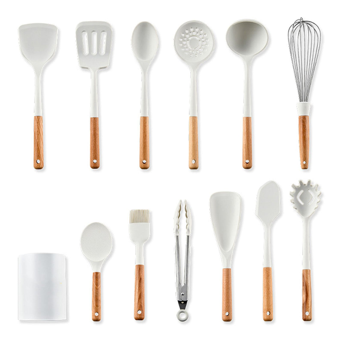 12pcs Cooking Utensils Set Silicone Kitchen Utensil Wood Handle Heat Resistance Kitchen Gadgets with Holder White