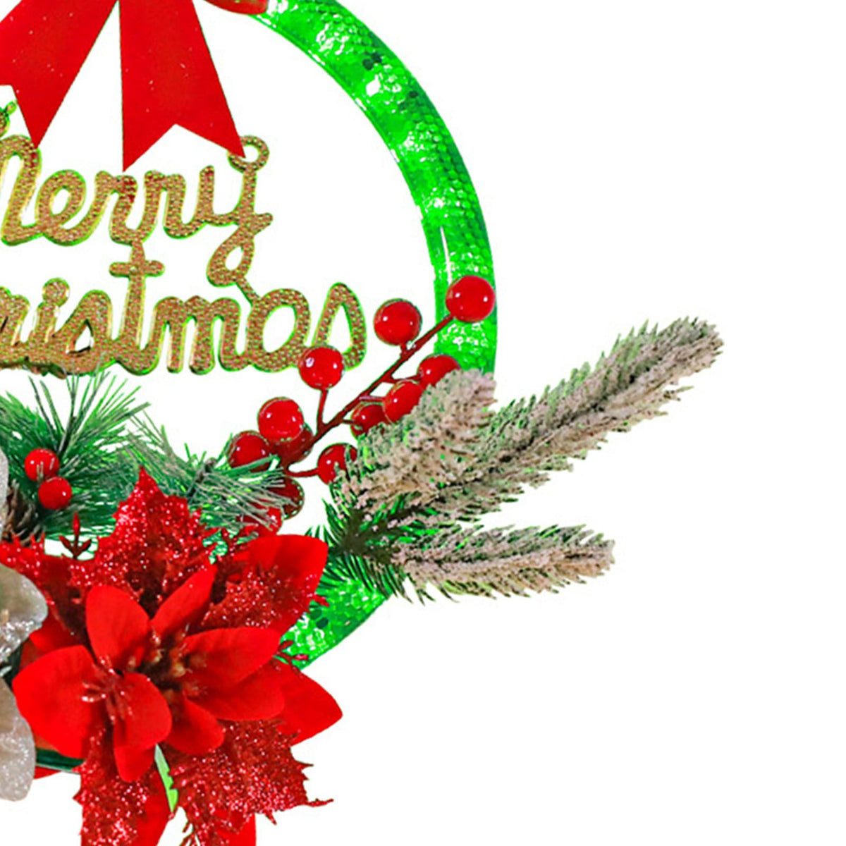 Christmas Wreath Light Decoration Artificial Red Berry Pine Needle LED Lighted Christmas Wreath Decor Red Flower