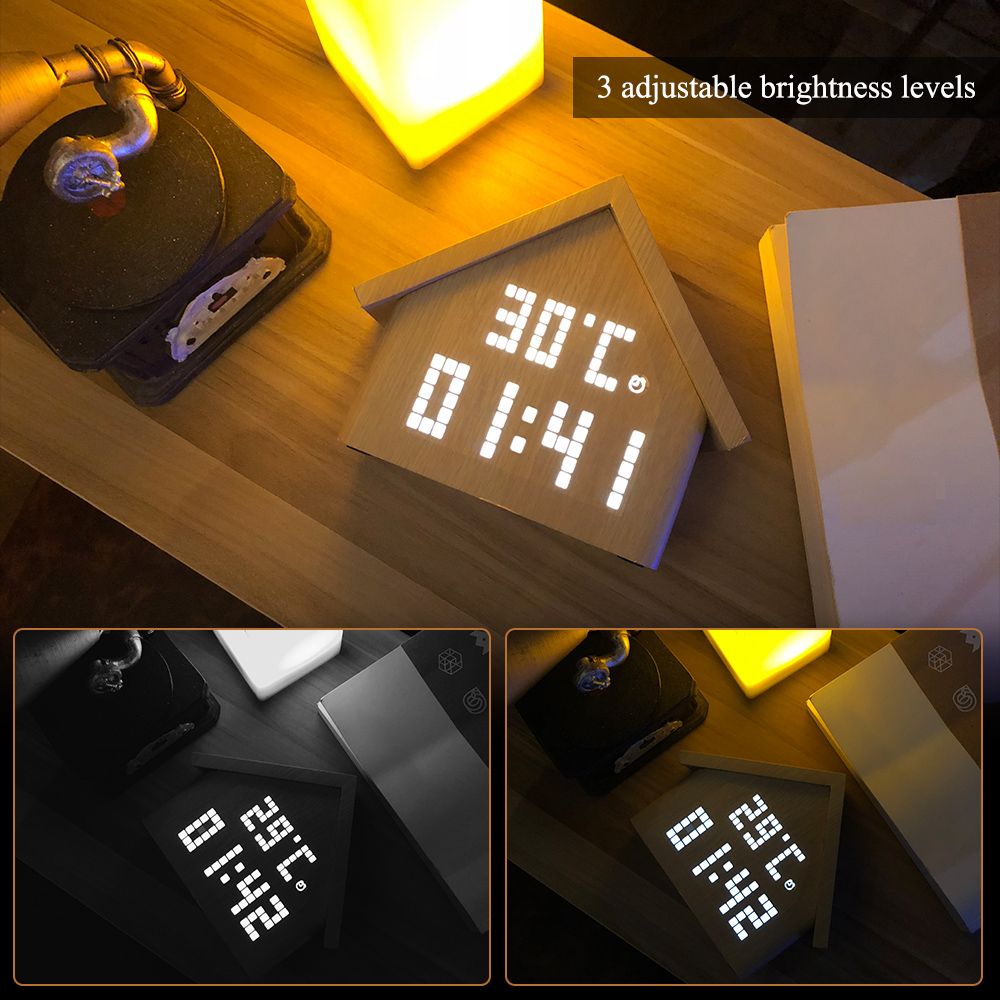 Wood Wooden LED Alarm Clock Despertador Electronic Desktop Digital Table Clocks With 3 Levels Adjustable Brightness Sound Control for Bedrooms Displays Time Temperature and Humidity Style 1