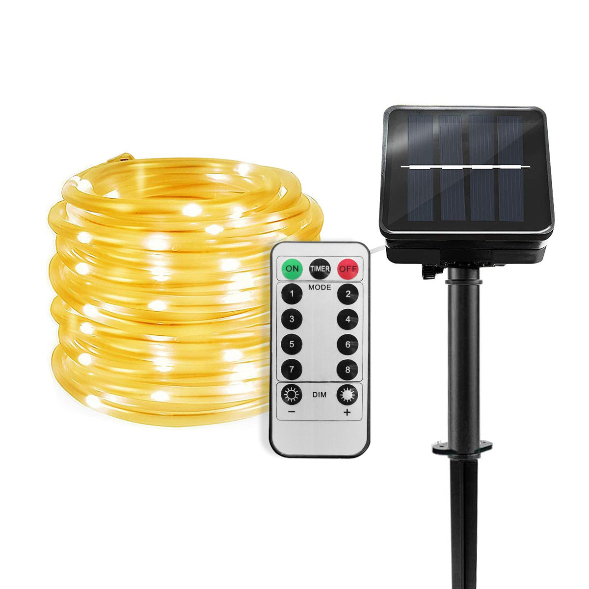 Solar LED Rope Lights Christmas Decorative Light 32.8ft 100 LEDs Remote Control 8 Light Modes Timing Function Dimmable Warm White Indoor & Outdoor IP65 Strip Lights for Christmas Tree Parties Street Yard Park Handrail Mall