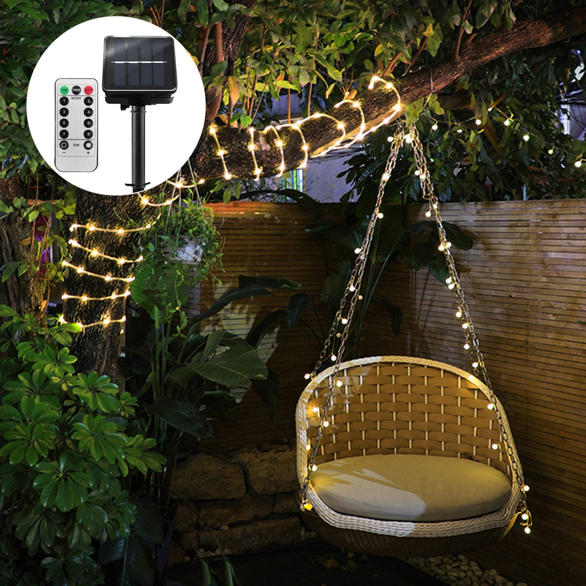 Solar LED Rope Lights Christmas Decorative Light 32.8ft 100 LEDs Remote Control 8 Light Modes Timing Function Dimmable Warm White Indoor & Outdoor IP65 Strip Lights for Christmas Tree Parties Street Yard Park Handrail Mall