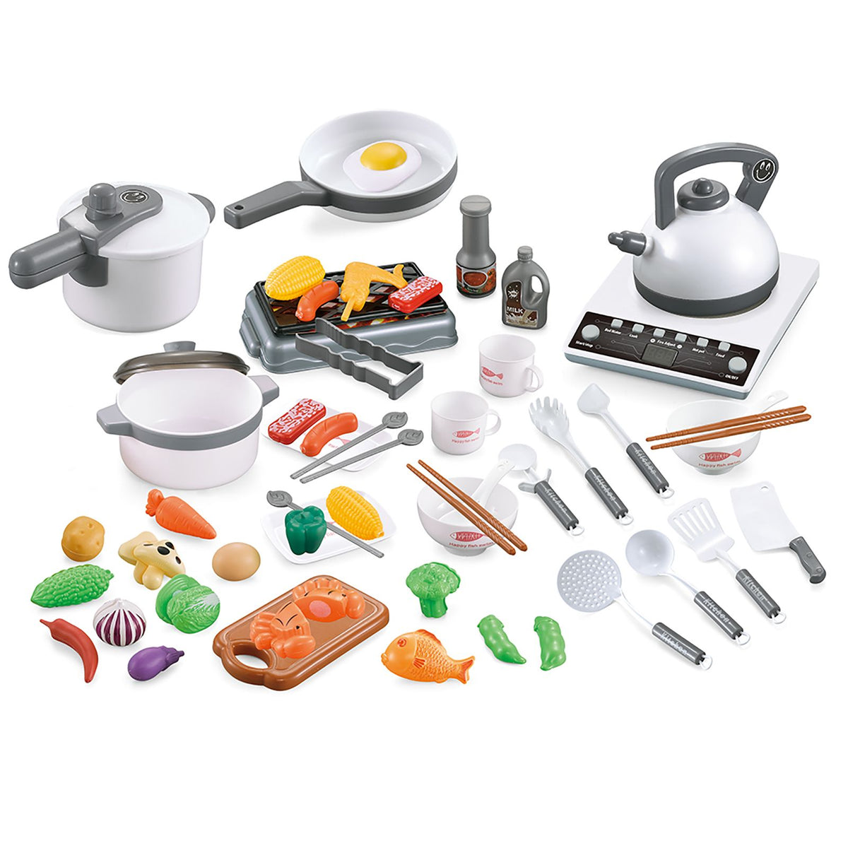 52PCS Kitchen Play Kids Pretend Playset with Cookware Pots and Pans Set Play Food Fruits Cooking Utensils Cutlery Early Educational Toys for Girls Boys Kids