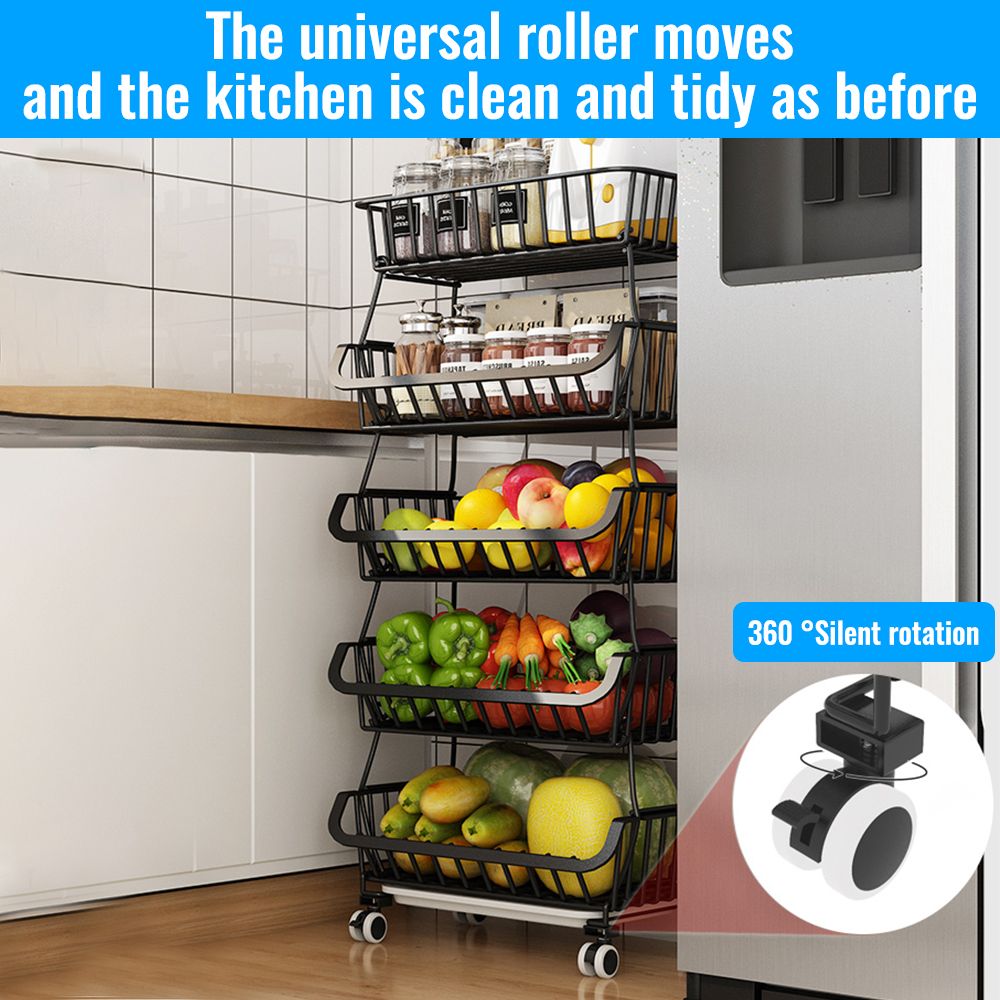 3-Tier Kitchen Carts on Wheels Metal Large Capacity Fruit Vegetable Storage Basket Pantry Utility Cart with Mesh Baskets for Kitchen Bathroom Living Room Office
