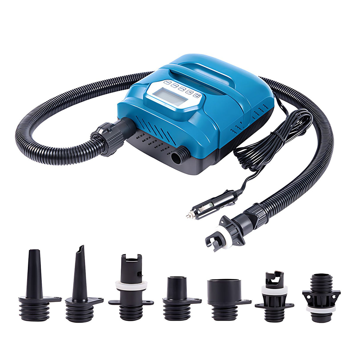 20PSI High Pressure SUP Pump Dual Motor 150W 12V DC Inflatable Deflatable Electric Air Pump with 7 Nozzles for Paddle Board Surfboard Air Mattress Boat Kayak with Portable Handle LED Display Screen