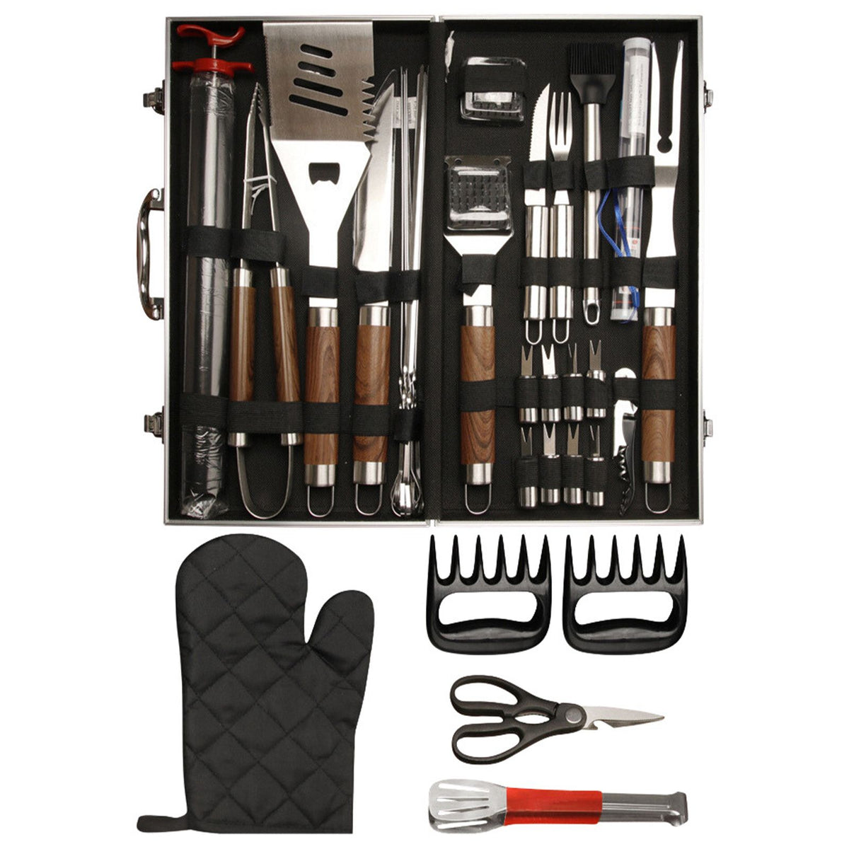 38Pcs BBQ Grill Accessories Set Portable Stainless Steel Grill Tools Grilling Accessories with Aluminum Case Thermometer Gloves Grill Mats for Outdoor Camping Backyard Barbecue Picnic