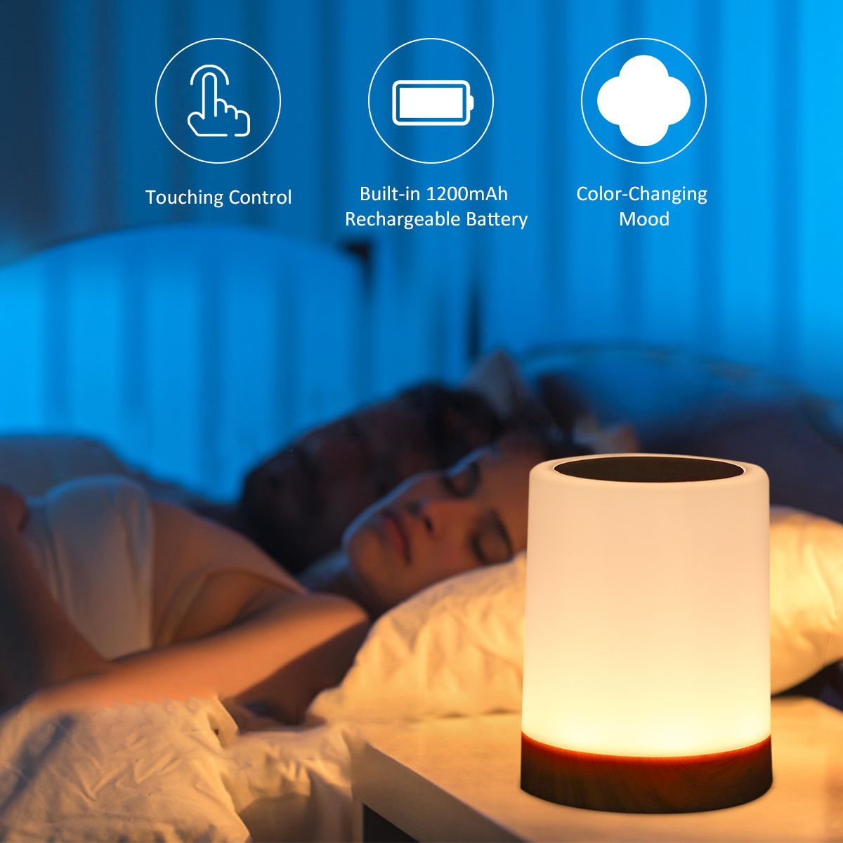 Touching Control Bedside Light USB Rechargeable Dimmable Table Lamp Warm White & RGB Color Changing Night Light for Living Room Bedrooms Office