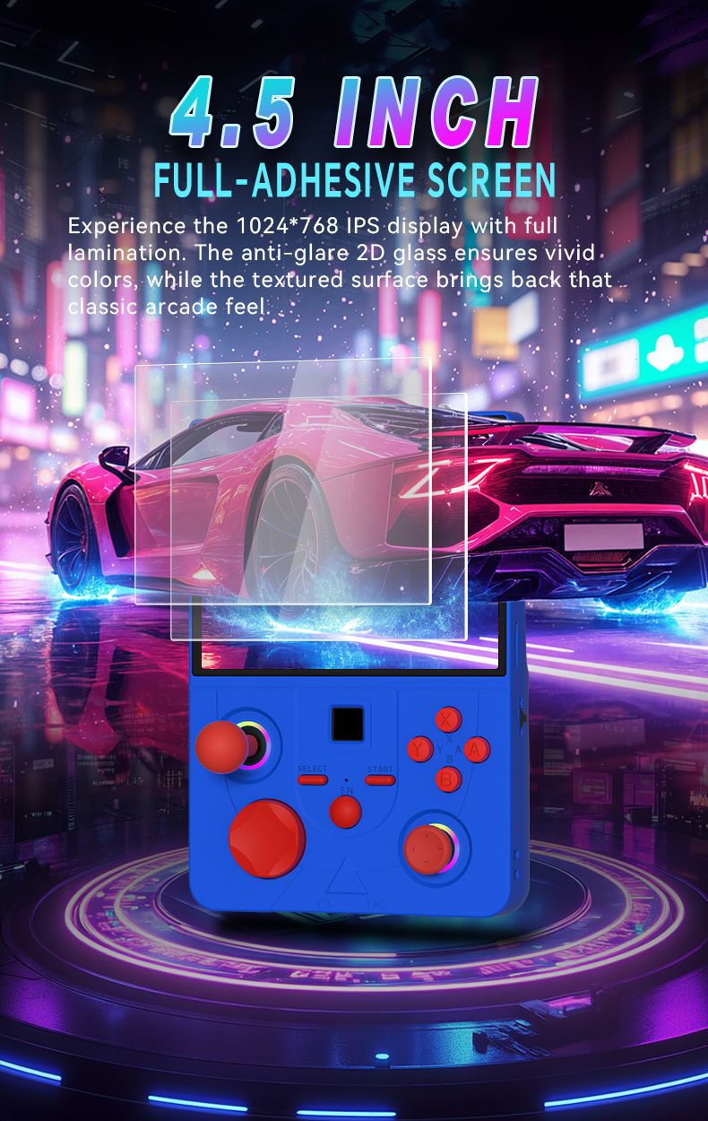 DC45V Retro Handheld Game Console, 4.5‑Inch HD IPS Full View Screen,transparent blue
