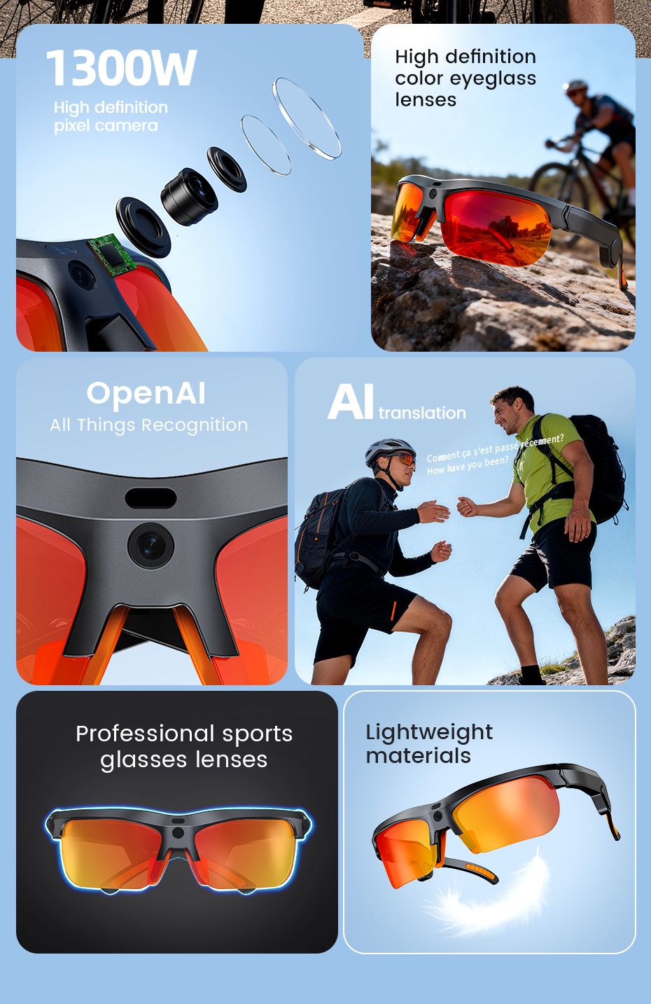 E08 Smart Bluetooth Cycling Sunglasses with Camera, UV400 Outdoor Sports Glasses,orange