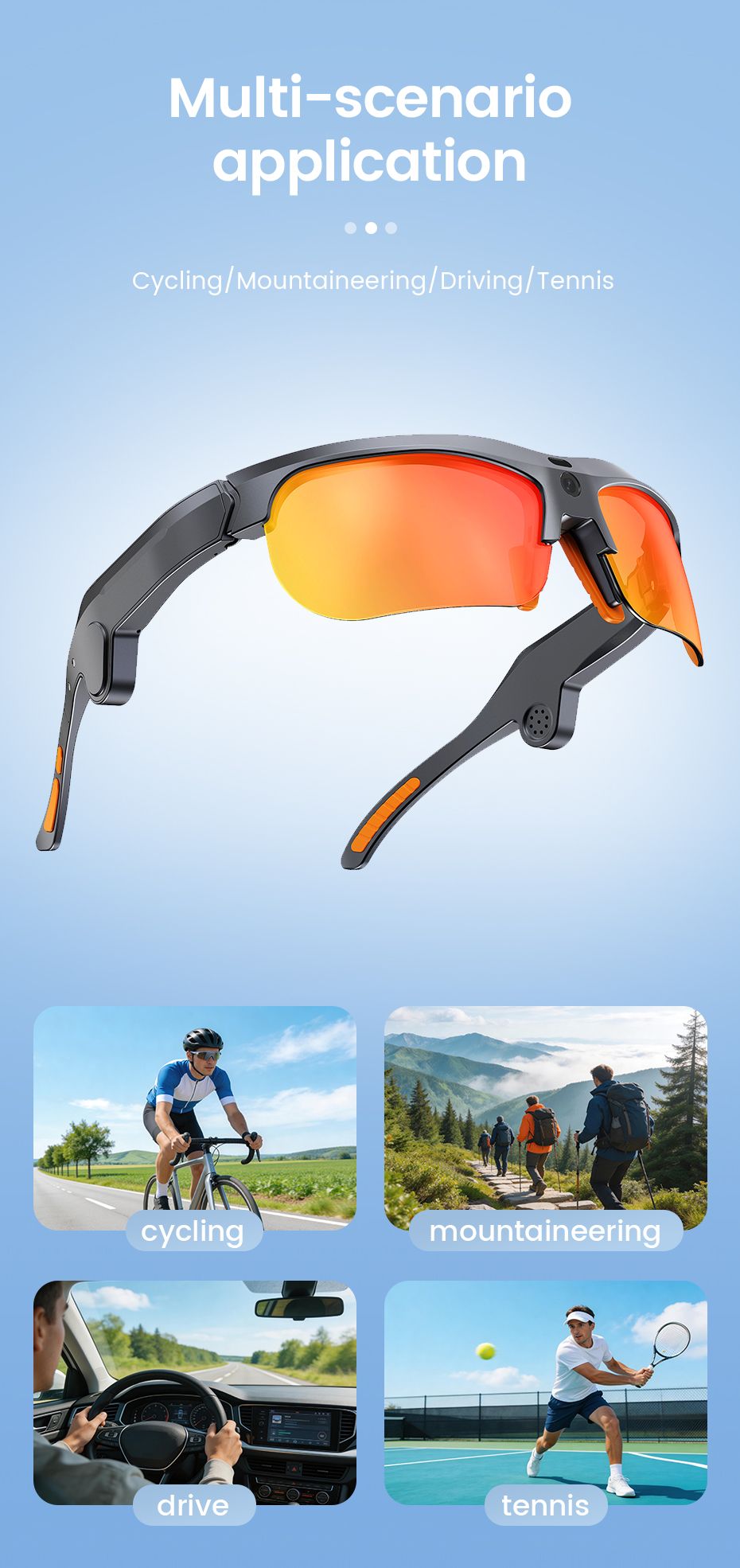 E08 Smart Bluetooth Cycling Sunglasses with Camera, UV400 Outdoor Sports Glasses,orange