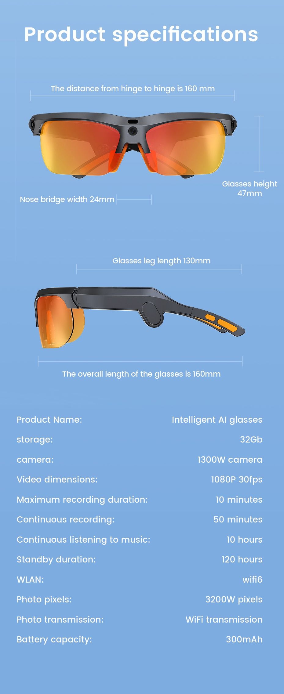 E08 Smart Bluetooth Cycling Sunglasses with Camera, UV400 Outdoor Sports Glasses,orange