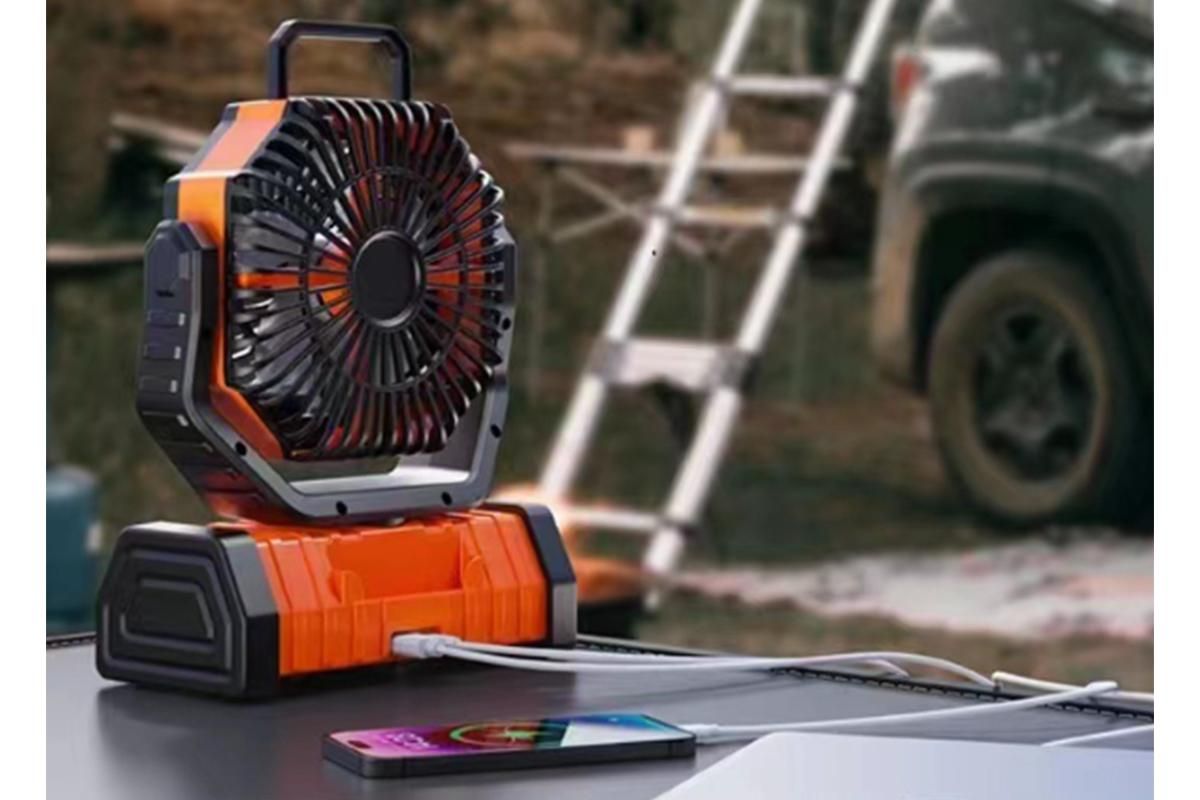 Portable Camping Fan with Light Large Capacity Outdoor Rechargeable Tent Fan - Orange