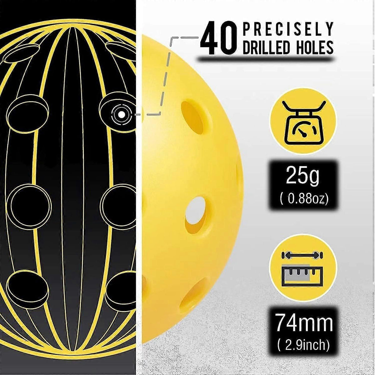 Outdoor Pickleballs 4 Pack 40-Hole PP Pickleball Balls 74mm Durable Practice Training Balls with Storage Box - Yellow