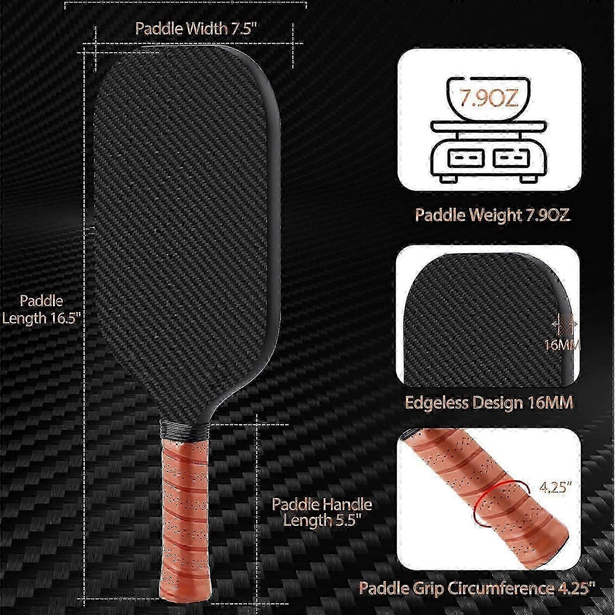 Pickleball Paddle Carbon Fiber Textured Surface Racket with Comfortable Grip Lightweight Sports Paddle - Black
