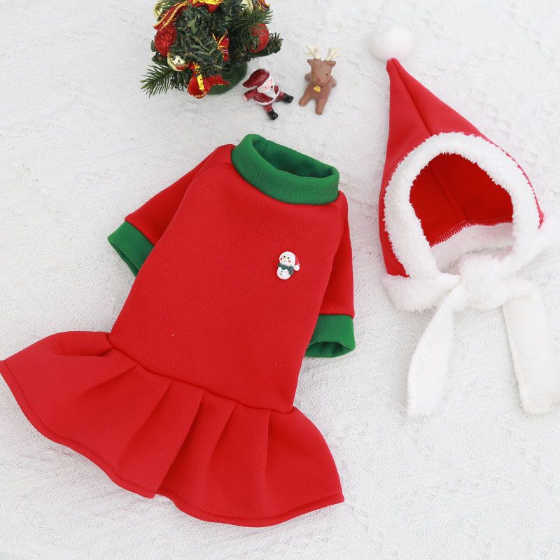 Christmas Pet Clothes Dog Cat Winter Cotton Two-Piece Set (Red Hat + red skirt) XS
